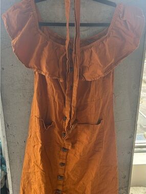 Tahari Strapless Ruffle Button-Front Dress in Rust Orange